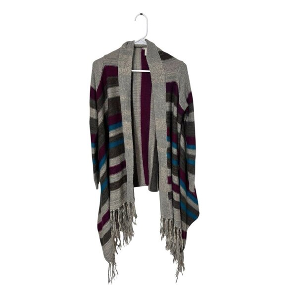 Altar’d State Grey Drape Front Cardigan Sweater Striped w/Fringe, Size S - Picture 2 of 6
